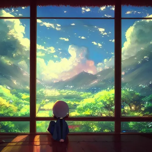 Image similar to a heavenly dream view from the interior of my cozy home interior dream world filled with color from a Makoto Shinkai oil on canvas inspired pixiv dreamy scenery art majestic fantasy scenery fantasy pixiv scenery art inspired by magical fantasy exterior illumination of awe and wonder