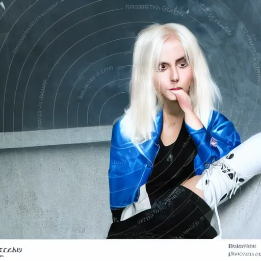 Image similar to Platinum-blonde-haired hime-cut blue-eyed 23-year-old French empress wearing white leggings, black jacket, boots, sitting in public housing apartment, futuristic gadgets, plain room, 8mm photo