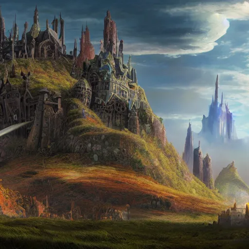 Prompt: large fantasy castle rising from the top of a giant tortoise, towering over a harsh wasteland with sharp rays of sunlight, howls moving castle, mortal engines, kaiju, distant - mid - shot, fantasy, hyper detailed, 4 k