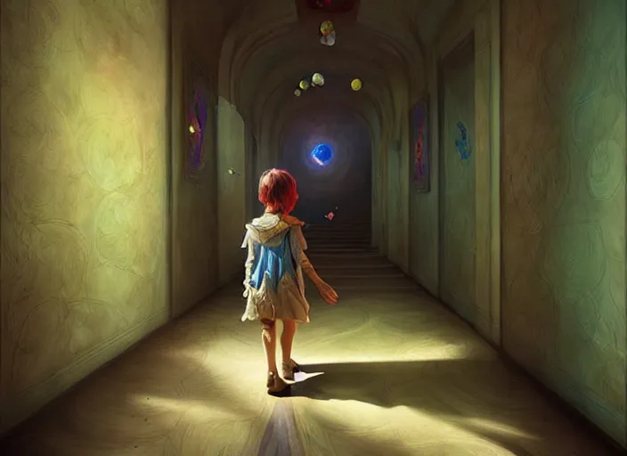 Image similar to a child walks through a hallway into dreams, fantastical surreal art, digital painting by dan volbert and mandy jurgens and deiv calviz and lim chuan shin