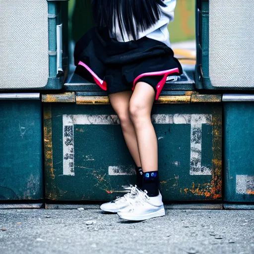 Prompt: photographic portrait of a streetwear anime girl crouched next to a dumpster, closeup, sigma 85mm f/1.4, 4k, depth of field, high resolution, 4k, 8k, hd, full color