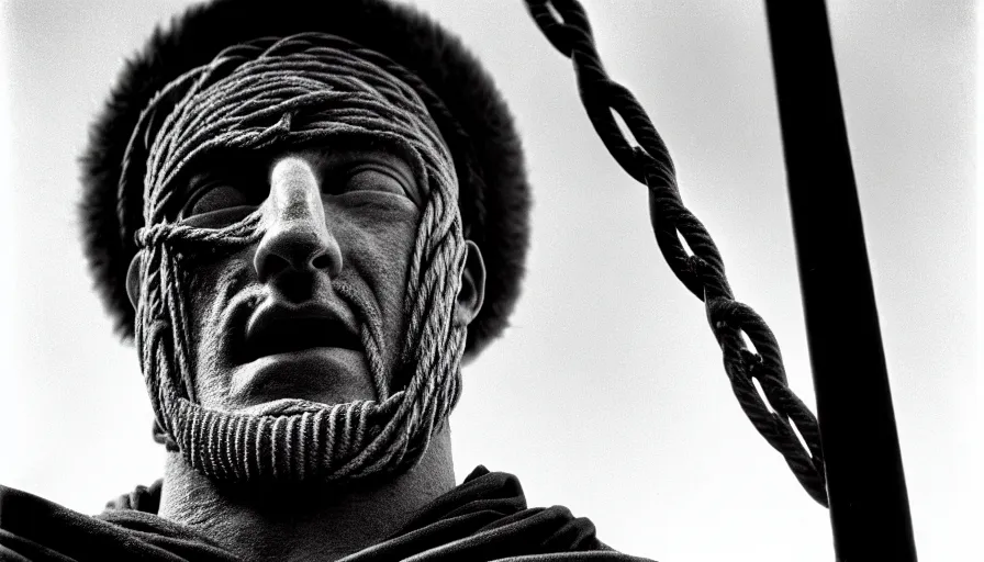 Image similar to 1 9 6 0 s movie still close - up of marcus atilius regulus'face tied with ropes at a pole with wide - open eyes looking directly at the burning sun, his eyes are bleeding intense, cinestill 8 0 0 t 3 5 mm b & w, high quality, heavy grain, high detail, texture, dramatic light