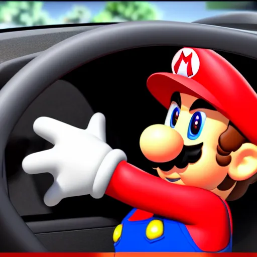 Image similar to mario mario driving a car, ultra realistic