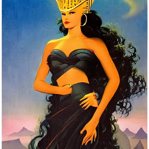 Prompt: a oil painting of a fair skin with dark curly stylised hair queen wearing dress, by hans emmenegger, by bruce pennington, by eyvind earle, by nicholas roerich, by frank frazetta, highly detailed, realistic, concept art, jewels, tiles curtains, oriental, desaturated