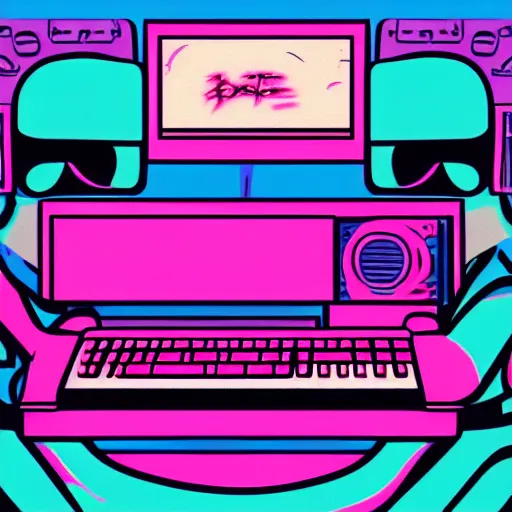 Prompt: a cartoon of a man holding a pink keyboard, cyberpunk art by Jamie Hewlett, tumblr contest winner, funk art, synthwave, retrowave, vaporwave