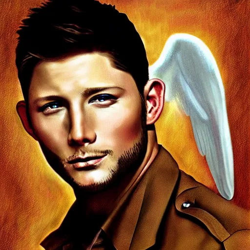 Prompt: Stunning portrait of handsome Jensen Ackles as an angel, in the style of norman rockwell, digital art