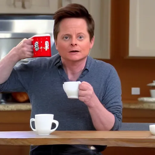 Prompt: Michael J Fox drinking coffee put a poop emoji mug