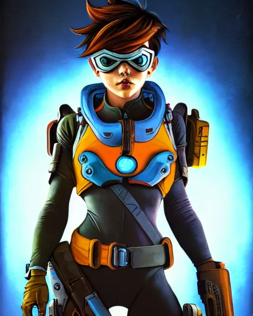 Image similar to tracer from overwatch, character portrait, portrait, close up, concept art, intricate details, highly detailed, vintage sci - fi poster, retro future, in the style of chris foss, rodger dean, moebius, michael whelan, and gustave dore