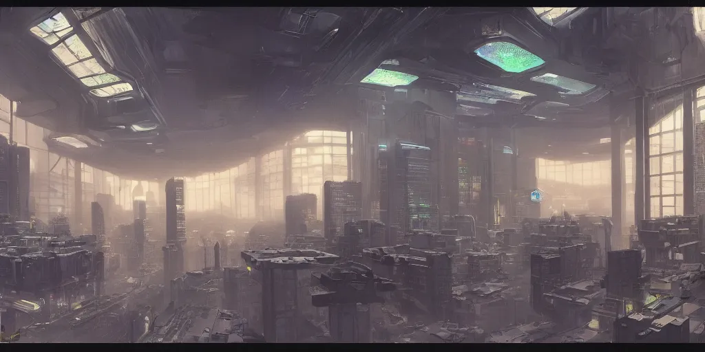 Image similar to a dystopian cyberpunk office interior with huge holographic displays everywhere, ralph maquarrie and giger and syd mead cinematic matte painting, 4 k