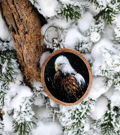 Image similar to realistic keychain of an eagle in the nest of a snowy pine tree