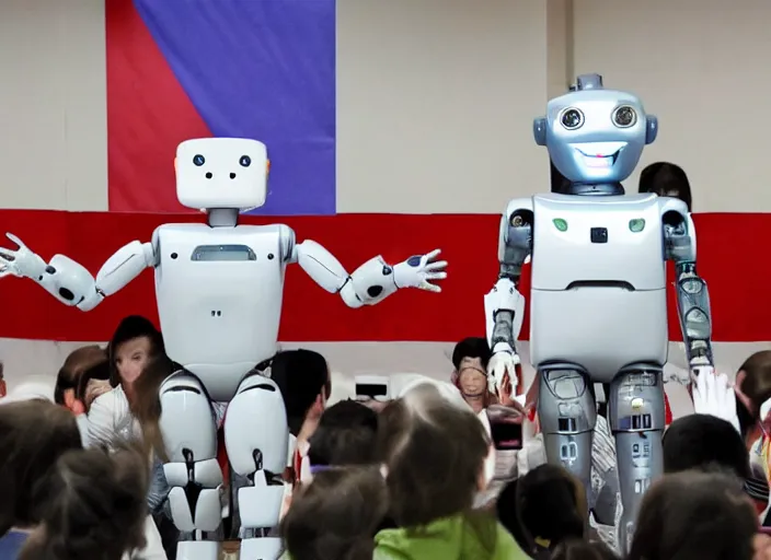 Image similar to dystopian humanoid robot dictator giving a propaganda speech to human like large flags with robot heads on them