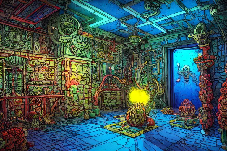 Prompt: complex intricate orc POINT PERSPECTIVE DUNGEON pineapple ROOM filled with objects, painted by Moebius and Paul Wenzel and George Barr and Stephen Youll, straight dark outline, trending on artstation, iridescent cool blue and cyan and red and blue and yellow and green lighting front view futuresynth , outrun , vibrant colors, Sabattier filter , Watercolor