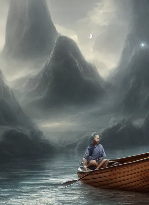 Prompt: man in a boat in a body of water, a detailed matte painting by richard mortensen, cgsociety, fantasy art, matte painting, concept art, made of mist