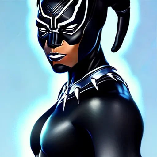 Image similar to portrait of woman black panther marvel character, confident pose, sharp focus, illustration, highly detailed, concept art, matte, trending on artstation, anime, art by wlop and artgerm and greg rutkowski, h 6 4 0