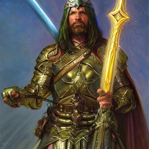 Image similar to Warrior of holy light holding his sword to the heavens as a fantasy D&D character, portrait art by Donato Giancola and James Gurney, digital art, trending on artstation