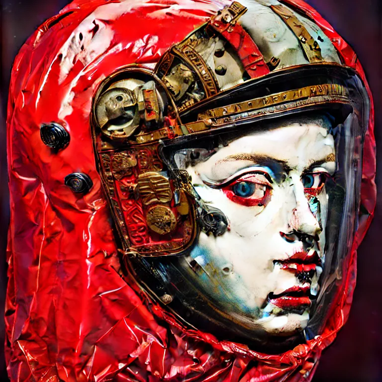 Image similar to portrait of a third reich soldier in ornate motorcycle dirt helmet in a helmet background red plastic bag, circuitboard,, rich deep colors, ultra detail, by francis bacon, james ginn, petra courtright, jenny saville, gerhard richter, zdzisaw beksinsk, takato yamamoto. masterpiece, elegant fashion studio ighting 3 5 mm