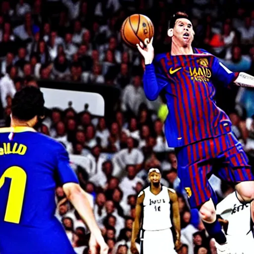 Image similar to Messi dunking on Ronaldo in the NBA