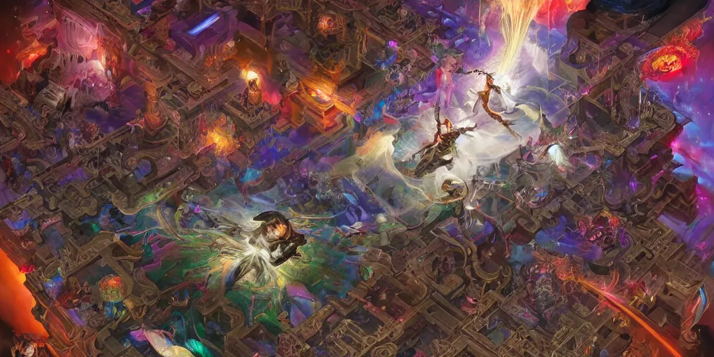 Image similar to A colorful poster of scene that Technocracy agent and Order of Hemeres mage fight with each other, World of Darkness, Mage the ascension, intricate, elegant, highly detailed. trending on artstation, digital art, by Stanley Artgerm Lau, WLOP, Rossdraws, James Jean, Andrei Riabovitchev, Marc Simonetti, Yoshitaka Amano. background by James Jean and Gustav Klimt, light by Julie Bell, 4k, porcelain skin. BY ZDIZISLAW BEKSINSKI Cinematic concept art