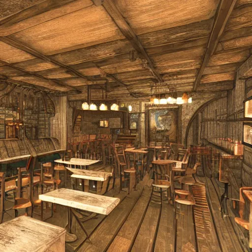 Prompt: Interior design of Medieval Cybepunk Tavern, Many details