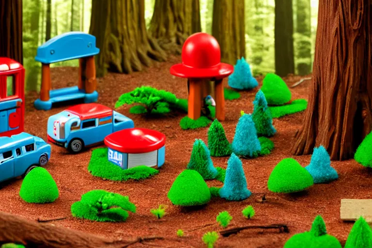 Image similar to fisher price redwood forest, california scene from tv show hyper detailed 5 5 mm 8 5 mm, toy photography