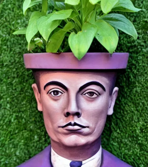 Prompt: flower pot with the face of a young Buster Keaton. Prominent cheek bones, gaunt, handsome, terracotta flowerpot growing African violets