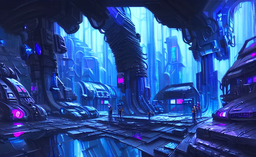 Image similar to cyberpunk factory in a dark cave, blue crystals, hyper detailed, realistic, intricate, concept art by frank hong, mate painting, artstation