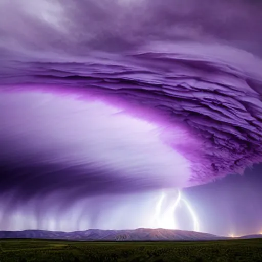 Prompt: amazing photo of a purple clouds in the shape of a tornado by marc adamus, beautiful dramatic lighting