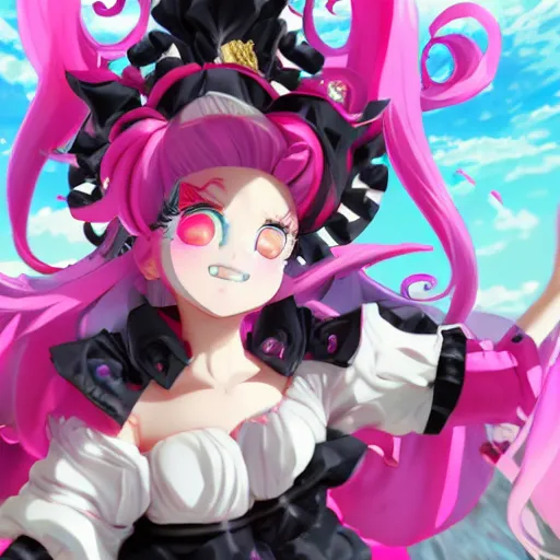 Prompt: stunningly beautilful omnipotent megalomaniacal anime goddess who looks like junko enoshima with symmetrical perfect face and porcelain skin, pink twintail hair and cyan eyes, taking control while smiling, mid view from below her feet taken in an extremely low angle, hyperdetailed, digital art, unreal engine 5, 2 d anime style, 8 k