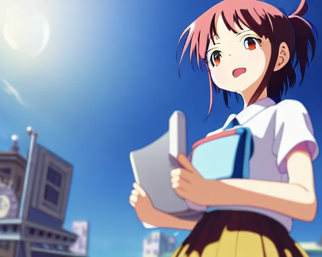 Image similar to anime fine details portrait of joyful school girl and big robot, city landscape on the background deep bokeh, profile close-up view, anime masterpiece by Studio Ghibli. 8k, sharp high quality anime