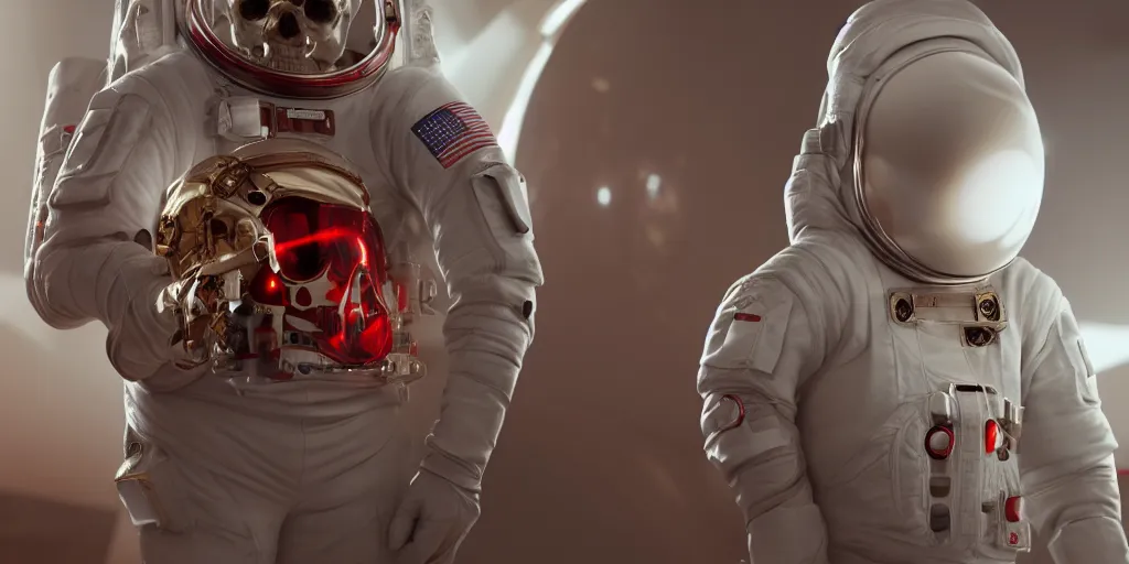 Prompt: ornate red bone skull in astronaut suit, gold linens, cinematic lighting, dramatic, octane render, long lens, shallow depth of field, bokeh, anamorphic lens flare, 8k, hyper detailed