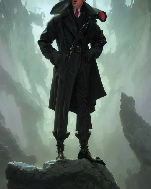 Image similar to detailed beautiful character portrait, chirs evans, wearing oversized black trench coat, ultra realistic, wide angle, dramatic lighting, v highly detailed by peter mohrbacher, hajime sorayama, wayne barlowe, boris vallejo, aaron horkey, gaston bussiere, craig mullins