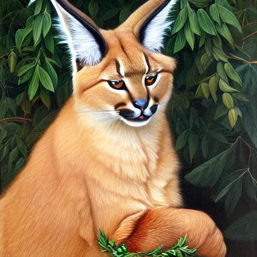 Image similar to fullbody portrait of cute fluffy caracal, wearing laurel wreath on his head, illustration, high detail, francine van hove