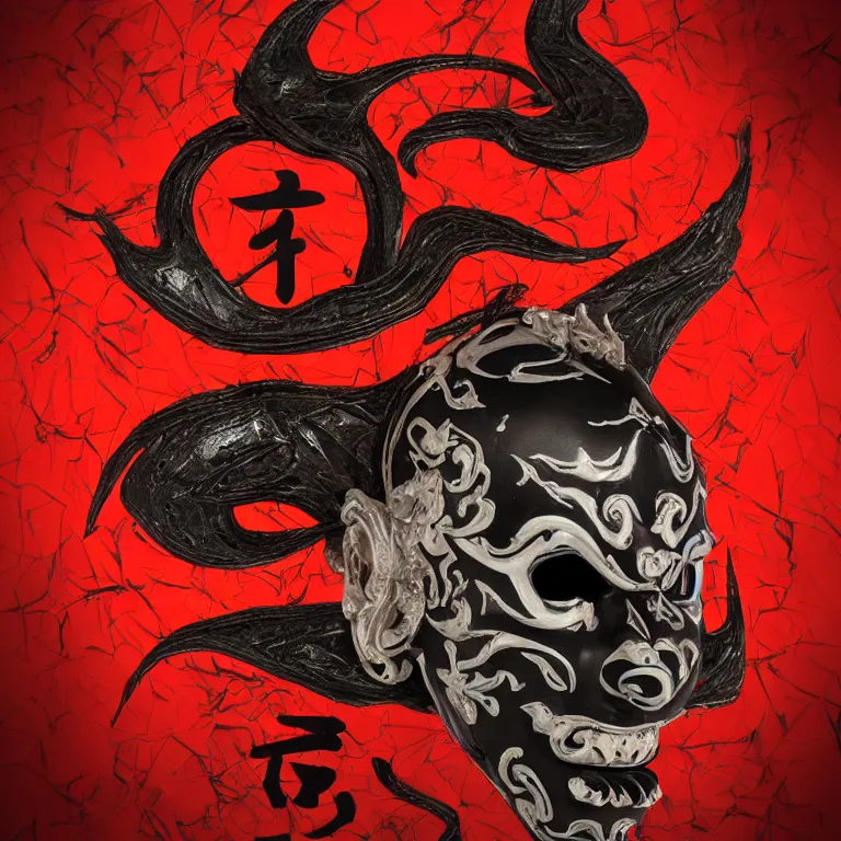 Image similar to a black hannya (般若) mask, kintsugi, symmetrical, centered, ornate, details, smooth, sharp focus, illustration, realistic, cinematic, artstation, award winning, rgb , unreal engine, octane render, cinematic light, macro, depth of field, blur, red light and clouds from the back, 8K,