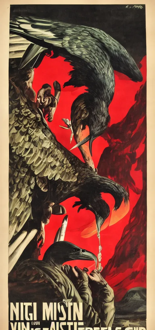 Image similar to mistery man in hood and red eyes with a knife, and a vulture, 1940s propaganda poster, full hd,highly detailed