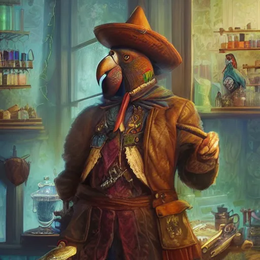 Image similar to Anthropomorphized parrot trader in his shop, portrait, items, magic potions, carpet, window, fancy hat, sly expression , cunning expression, cute expression, D&D, fantasy, cinematic lighting, highly detailed, digital painting, artstation, concept art, smooth, sharp focus, illustration, warm light, cozy warm tint, magic the gathering artwork, volumetric lighting, 8k, art by Akihiko Yoshida, Greg Rutkowski