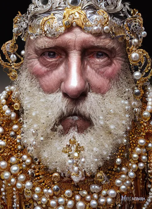 Image similar to hyperrealism, detailed textures, award winning autochrome photo, symetrical old bearded man pearl medusa king autochrome pearl portrait, pearl silverplate, intricate, detailed facial pearl animal mask, pearl, golden jewelery, silverplate, ultra realistic, cinematic, intricate, cinematic light by steve mccurry, unreal engine 8 k