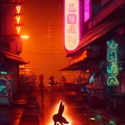 Image similar to splash art of cute female anthropomorphic vulpes vulpes fox sitting by a noodle stand in the crowded street of a cyberpunk city, rain, cyberpunk clothes, bright neon lights, atmospheric : by weta, greg rutkowski, wlop, ilya kuvshinov, rossdraws, artgerm, octane render, liosh, mucha