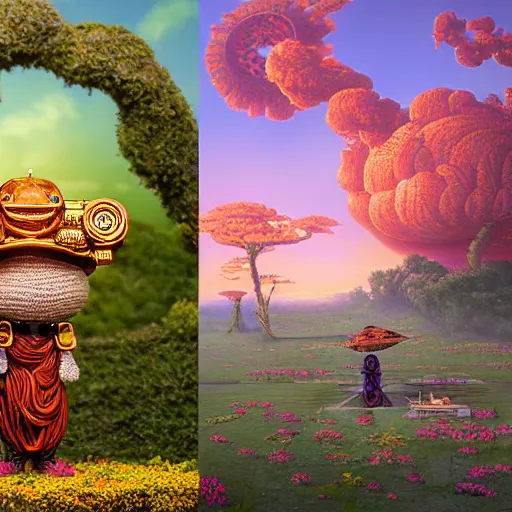 Image similar to wide angle dynamic portrait of a chibbi dogon priest in a rose garden with a red pond and a golden ornate steampunk portal, amigurumi by mark ryden and todd schorr and mark davis and zdislaw beksinski in a surreal lowbrow style, digital paint, matte paint, vivid synthwave colors, breathtaking landscape