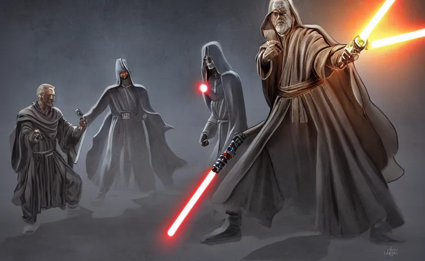 Prompt: epic standoff between a robed Jedi and a Sith, lightsabers in hand, ancient High Republic stone temple environment, high contrast, 8k clean fantasy comic book cover illustration