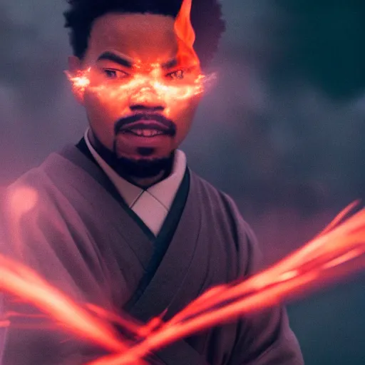 Image similar to cinematic film still of Chance The Rapper starring as a Samurai holding fire, Japanese CGI, VFX, 2022, 40mm lens, shallow depth of field, film photography