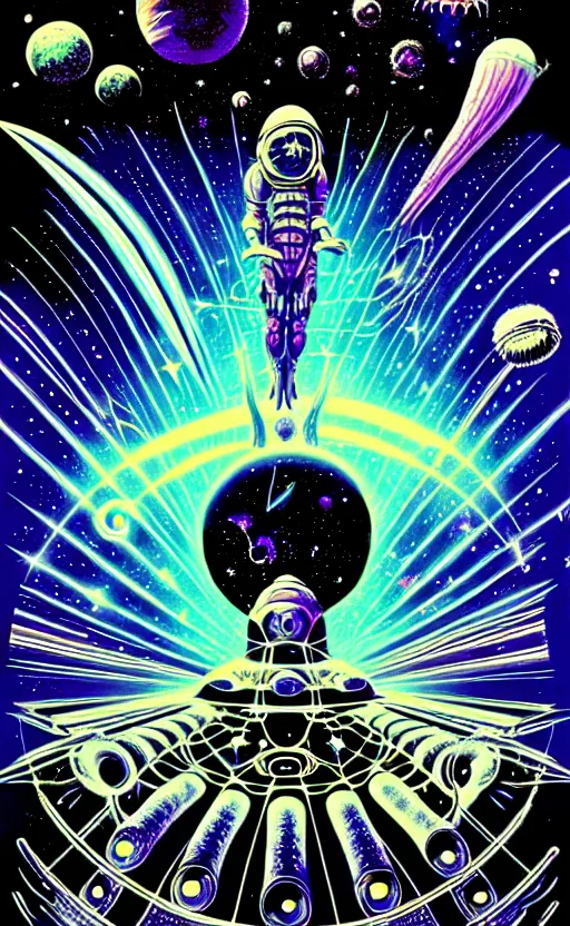 Image similar to trippy aliens, enchanted cosmic galaxy, stars in the sky, space ship, psychedelic, wide angle shot, white background, vector art, illustration by frank frazetta and salvador dali