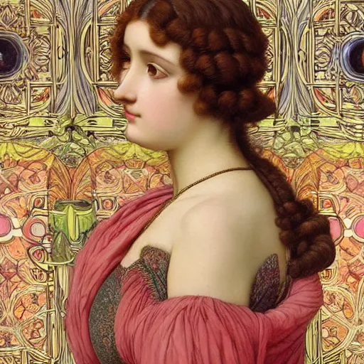 Image similar to hyperrealistic detailed portrait of an e - girl. egirl, art by ernst haeckel, john william godward, hammershøi, alphons mucha, pontormo, ornamental, decorative, art nouveau pattern, lights by hopper, pastel colours,