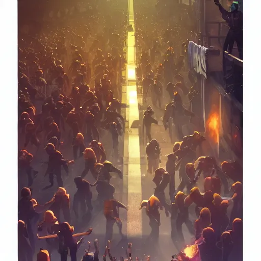 Image similar to protesters marching, detailed digital illustration by greg rutkowski, fire, android netrunner, forced perspective