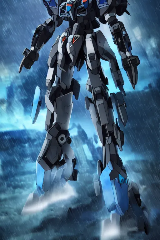 Image similar to Azure Wolf wolf GUNDAM on a futuristic cyberpunk city under heavy rain, cinematic lighting, Lightning arc plasma, symmetric full body azure GUNDAM mecha, GUNDAM wing style armor, GUNDAM armor, samurai armor, mortar heads, mech suit, full body armor, lamellar armor, exoskeleton, post processing, ultra detailed, trending on artstation