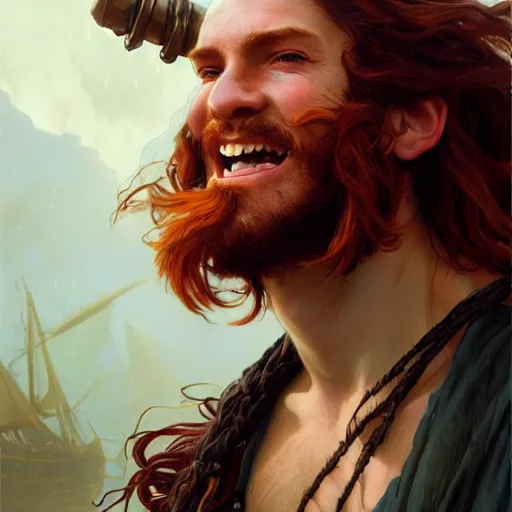 Image similar to portrait of a young ruggedly handsome but joyful pirate, male, masculine, upper body, red hair, long hair, d & d, fantasy, joyful expression, intricate, elegant, highly detailed, digital painting, artstation, concept art, matte, sharp focus, illustration, art by artgerm and greg rutkowski and alphonse mucha