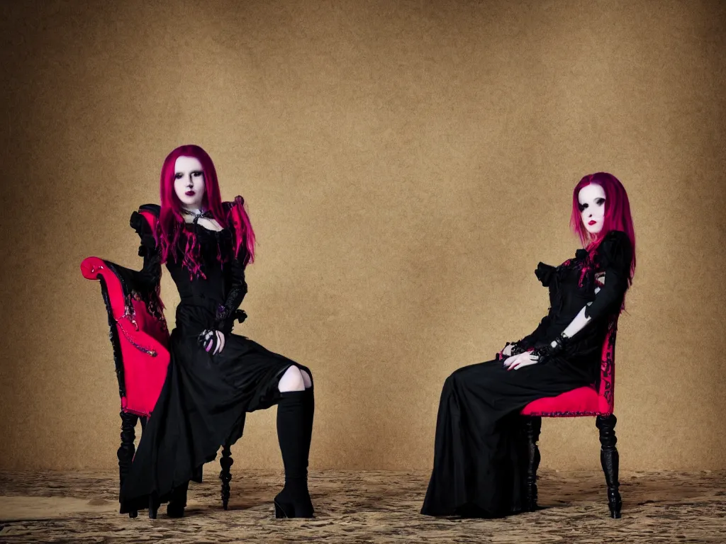 Image similar to full - length photo, young woman, sitting on chair, gothic clothes, 4 k, colourful