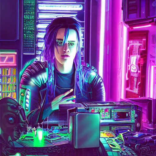 Prompt: cyberpunk billie eilish working on cyberpunk computer in cyberpunk farmers market by william barlowe and pascal blanche and tom bagshaw and elsa beskow and enki bilal and franklin booth, neon rainbow vivid colors smooth, liquid, curves, very fine high detail 3 5 mm lens photo 8 k resolution