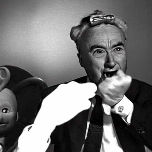 Image similar to color photo of robert oppenheimer debating with teletubbies