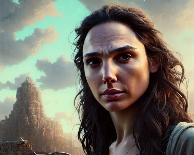 Image similar to highly detailed portrait of gal gadot, in the walking dead, stephen bliss, unreal engine, fantasy art by greg rutkowski, loish, rhads, ferdinand knab, makoto shinkai and lois van baarle, ilya kuvshinov, rossdraws, tom bagshaw, global illumination, radiant light, detailed and intricate environment