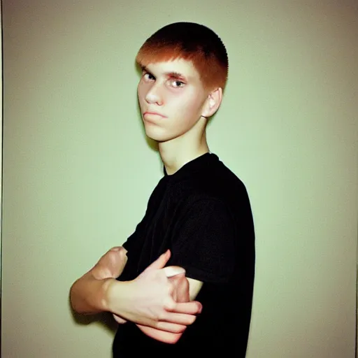 Image similar to A colored colorized real high school photograph portrait of Jerma as a teenager with an emo haircut and black shirt and acne, taken in the mid 2000s, taken on a 2000s Camera, realistic, hyperrealistic, very realistic, very very realistic, highly detailed, very detailed, extremely detailed, detailed, digital art, trending on artstation, headshot and bodyshot, detailed face, very detailed face, very detailed face, real, real world, in real life, realism, HD Quality, 8k resolution, intricate details, colorized photograph, colorized photon, body and headshot, body and head in view